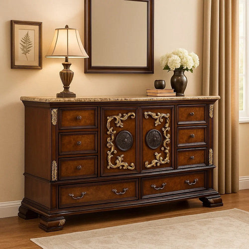 Iliana 8 Drawer Wide Dresser | 2 Door Cabinet | Dark Cherry Brown Wood