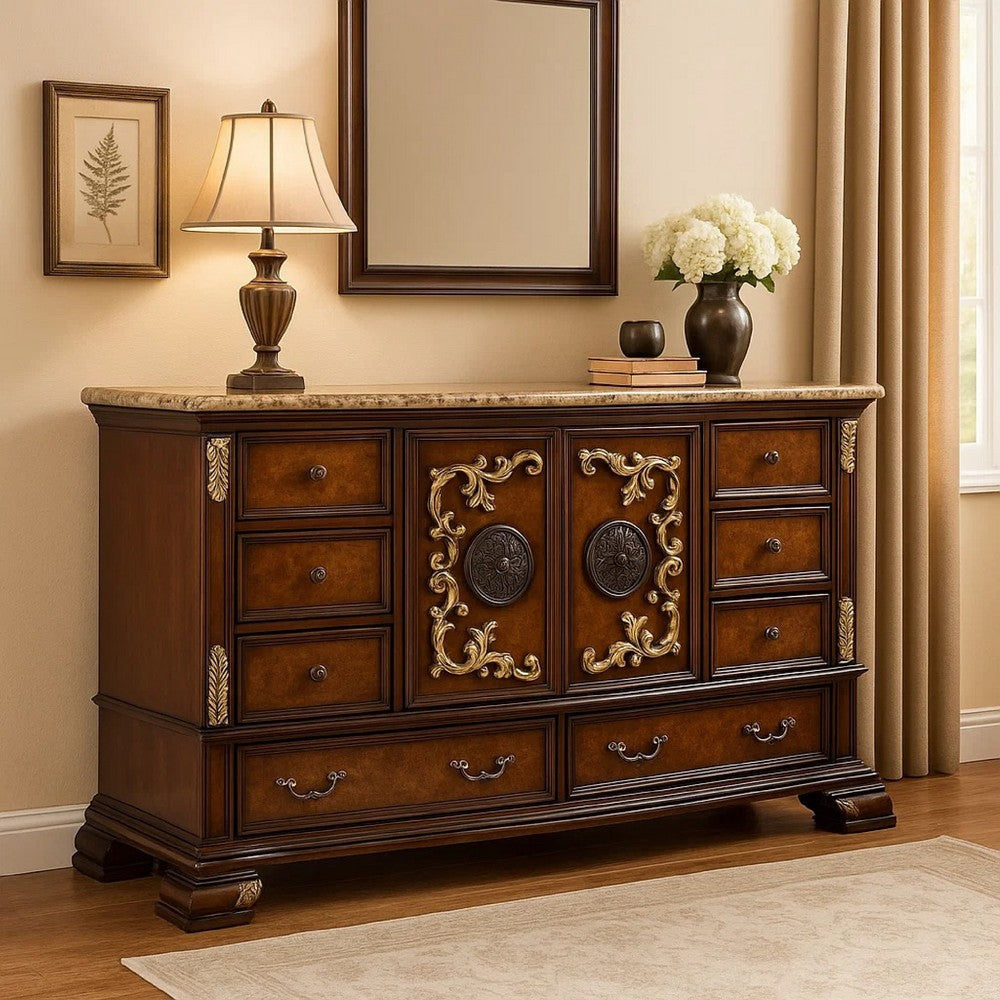 Iliana 8 Drawer Wide Dresser | 2 Door Cabinet | Dark Cherry Brown Wood