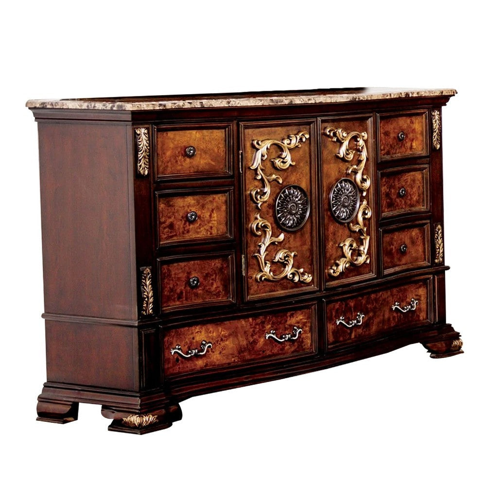 Iliana 8 Drawer Wide Dresser | 2 Door Cabinet | Dark Cherry Brown Wood