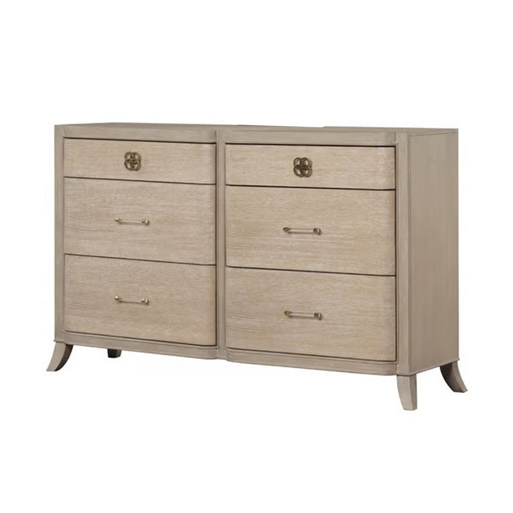 Fea 6 Drawer Wide Dresser | Natural Oak Brown Solid Wood | Acrylic