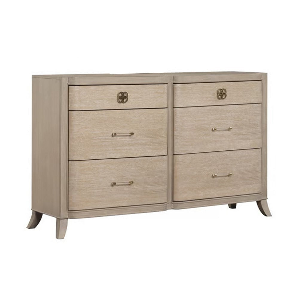 Fea 6 Drawer Wide Dresser | Natural Oak Brown Solid Wood | Acrylic