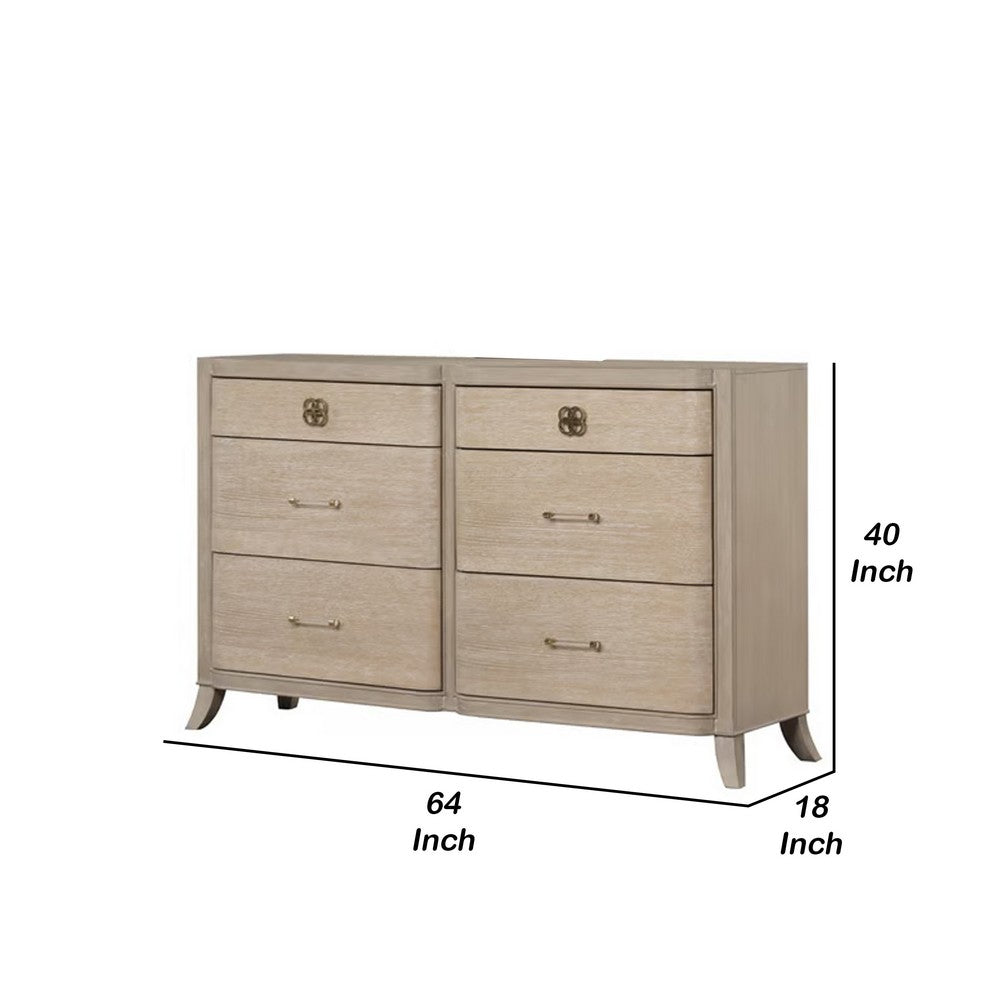 Fea 6 Drawer Wide Dresser | Natural Oak Brown Solid Wood | Acrylic