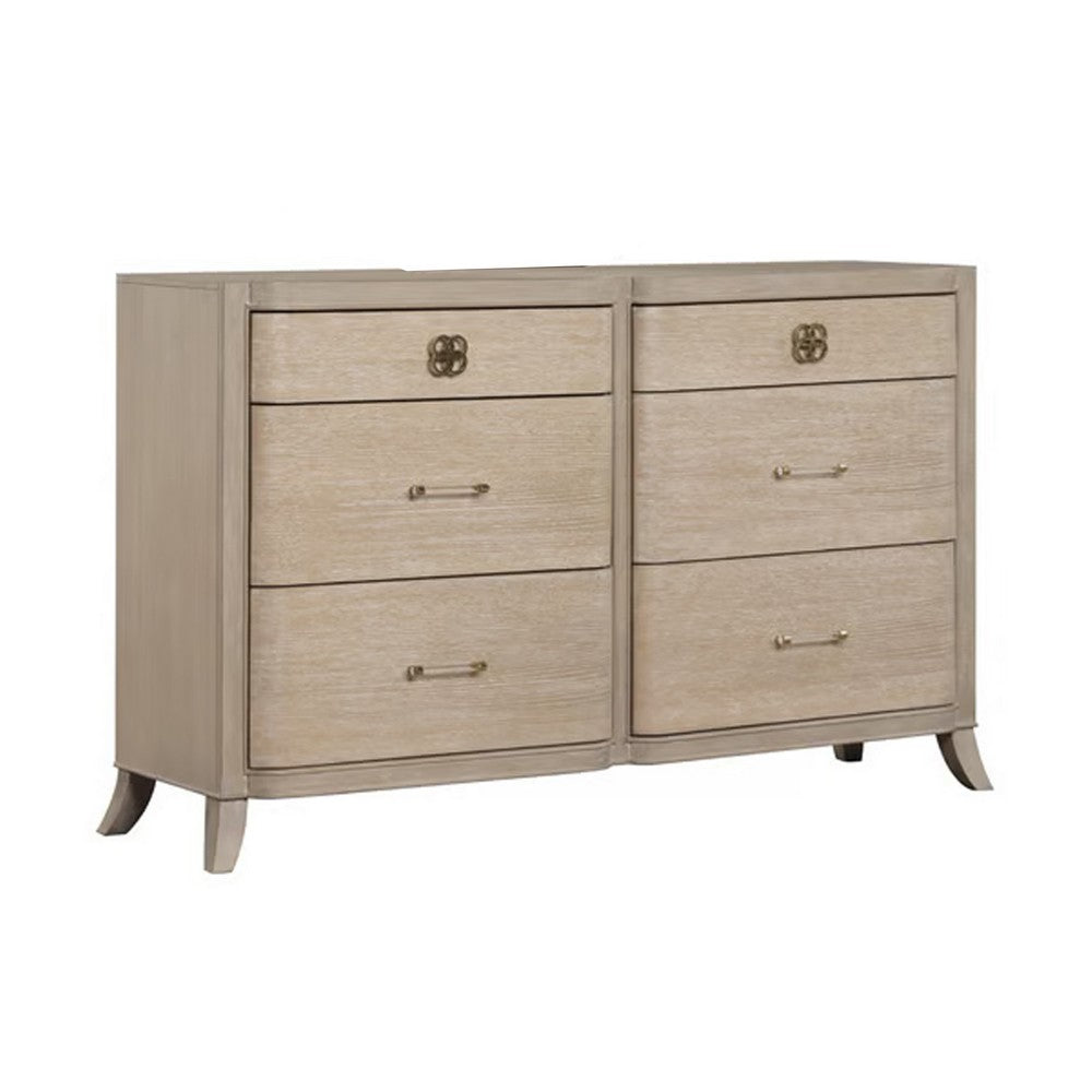 Fea 6 Drawer Wide Dresser | Natural Oak Brown Solid Wood | Acrylic