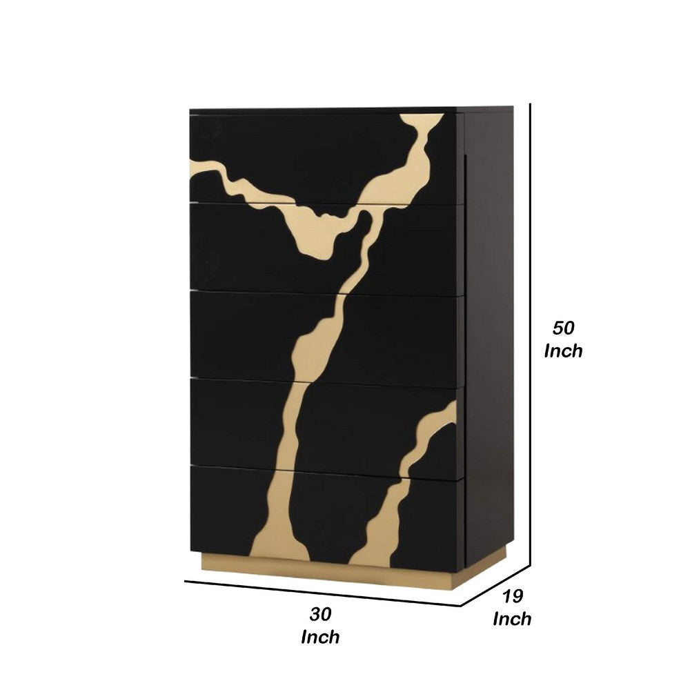 Goldie 5 Drawer Tall Dresser Chest | Black & Gold Wood | Bedroom Storage BM340248