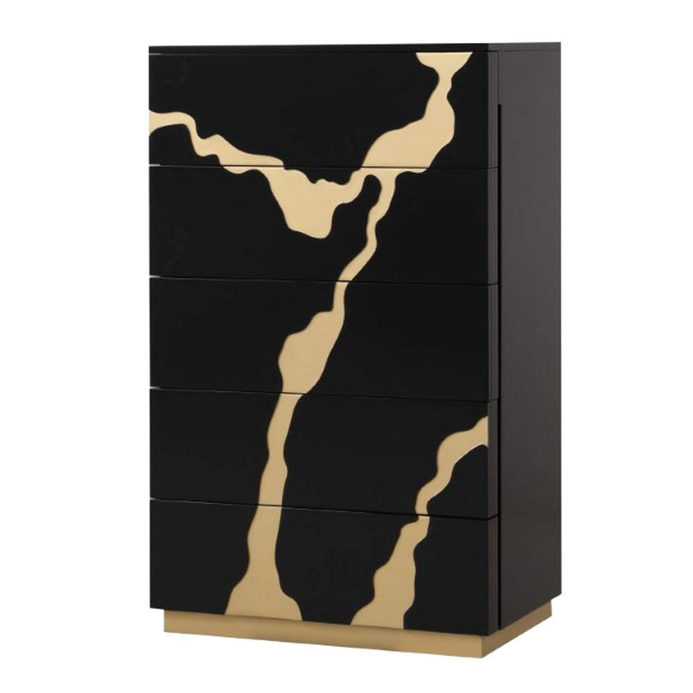 Goldie 5 Drawer Tall Dresser Chest | Black & Gold Wood | Bedroom Storage