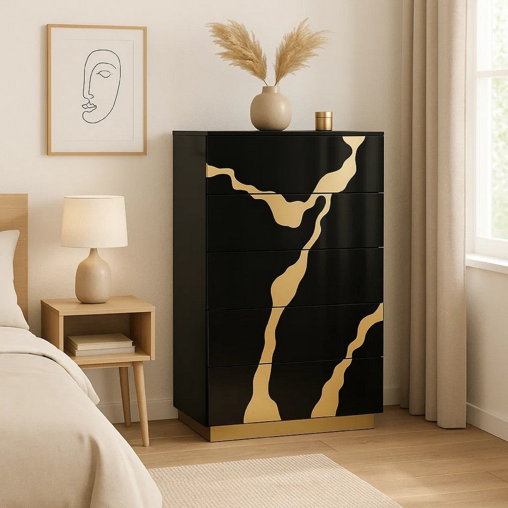 Goldie 5 Drawer Tall Dresser Chest | Black & Gold Wood | Bedroom Storage BM340248