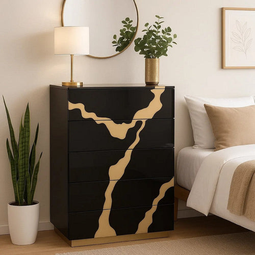 Goldie 5 Drawer Tall Dresser Chest | Black & Gold Wood | Bedroom Storage