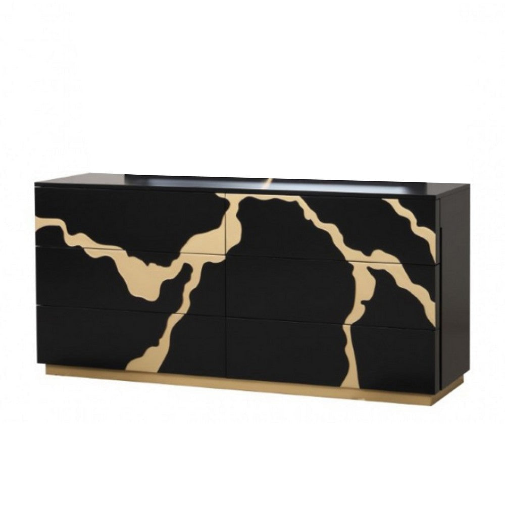 Goldie 6 Drawer Wide Dresser | Black & Gold Wood | Bedroom Storage BM340249
