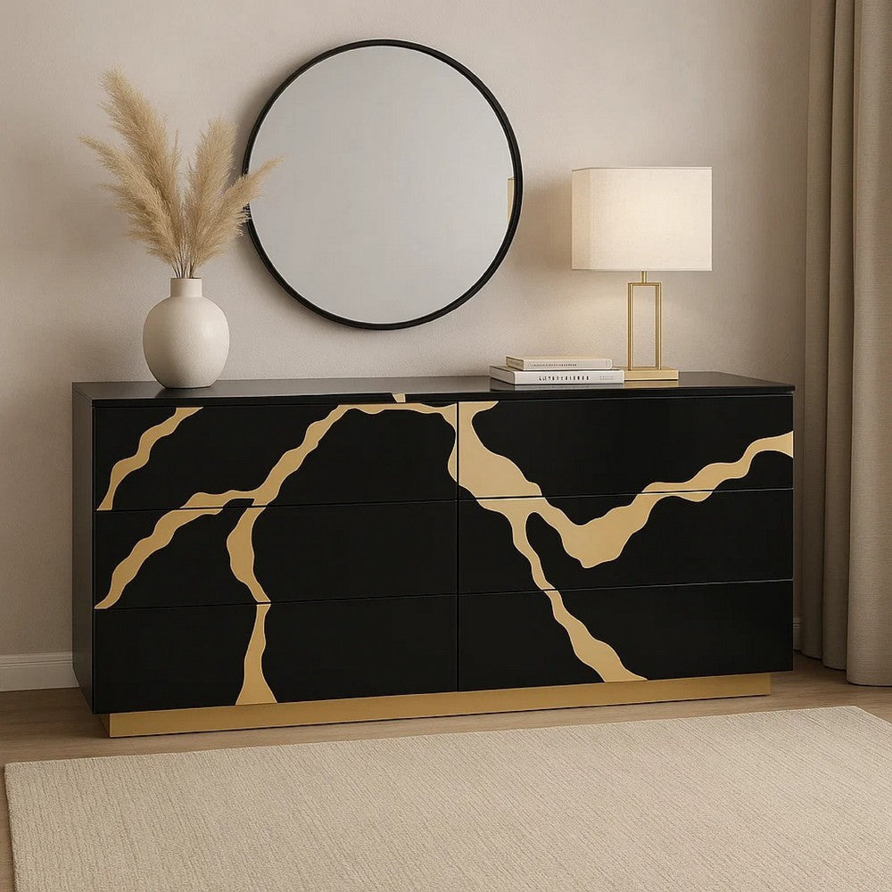 Goldie 6 Drawer Wide Dresser | Black & Gold Wood | Bedroom Storage