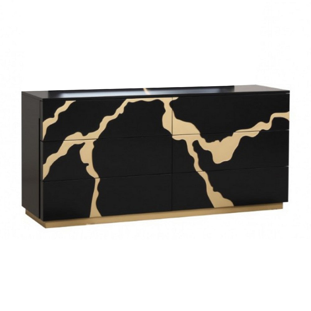 Goldie 6 Drawer Wide Dresser | Black & Gold Wood | Bedroom Storage