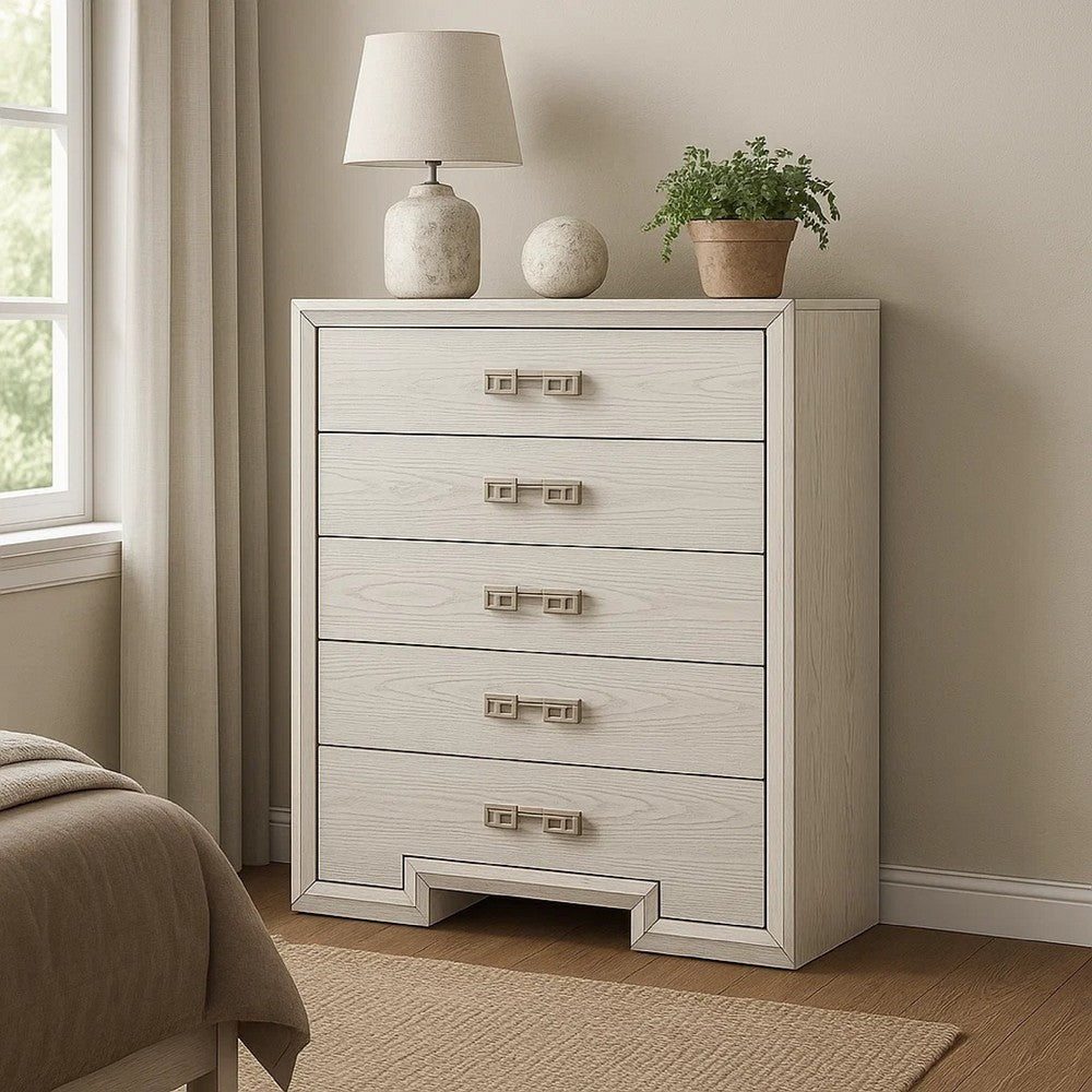 Basil 5 Drawer Tall Dresser Chest | Rustic White Solid Wood | Cedar Lining