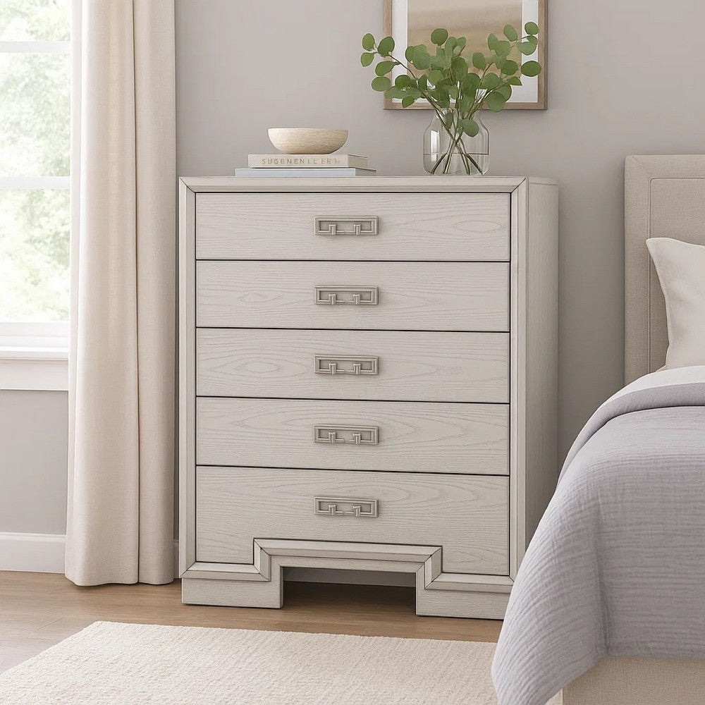 Basil 5 Drawer Tall Dresser Chest | Rustic White Solid Wood | Cedar Lining