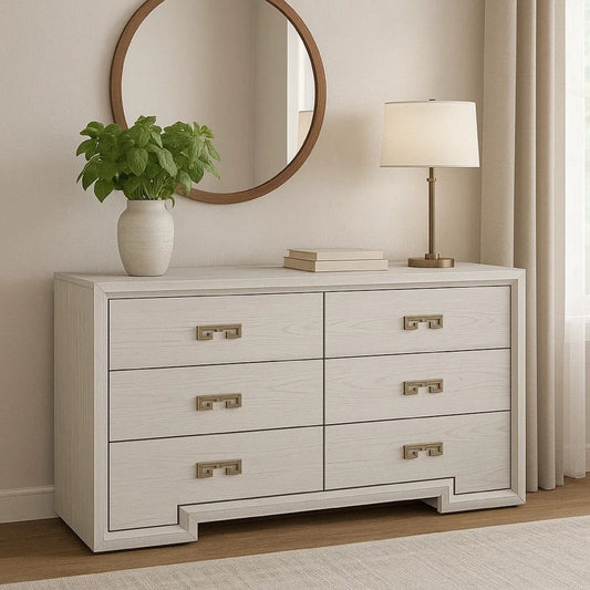 Basil 6 Drawer Wide Dresser | Rustic White Solid Wood | Cedar Lining