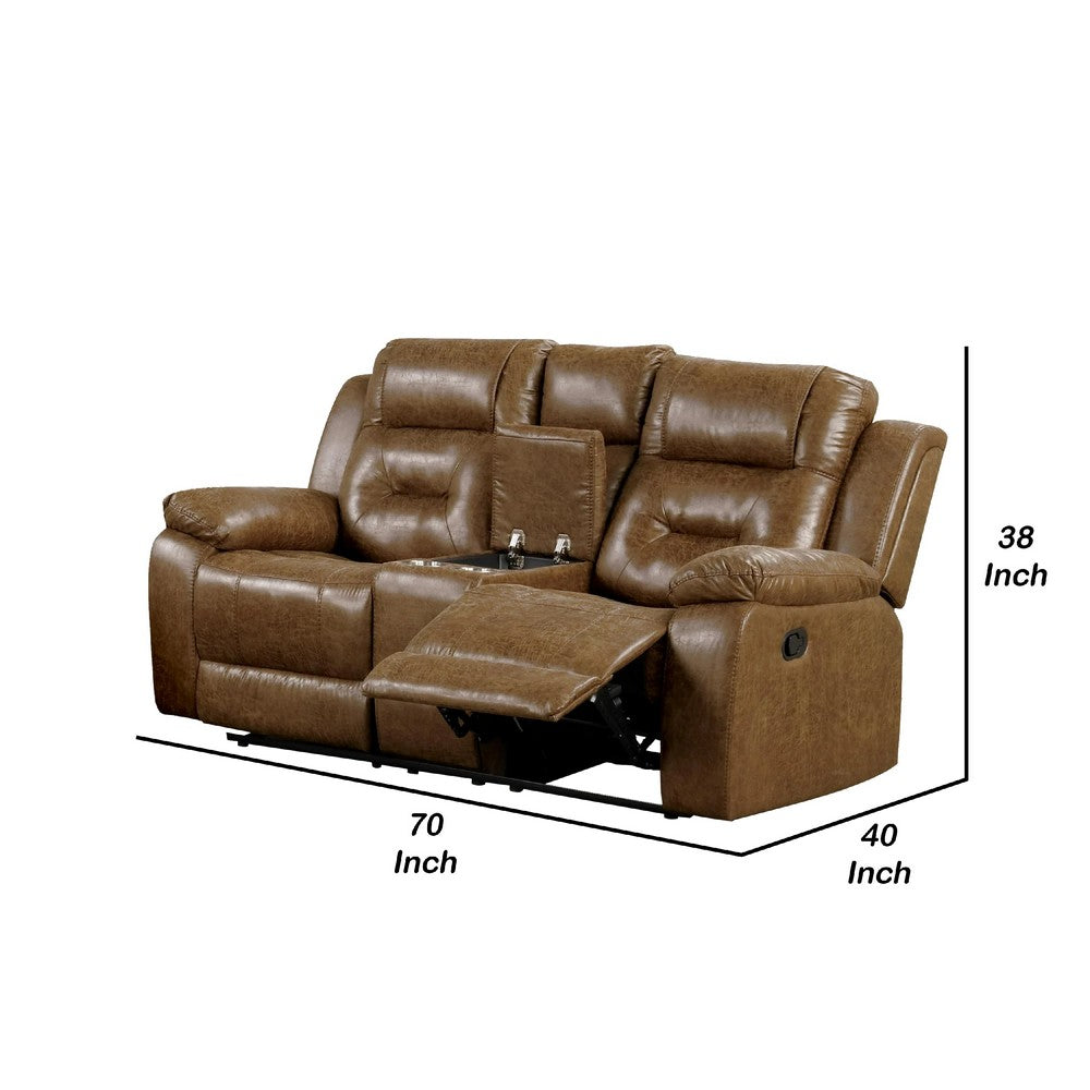 Kius Manual Recliner Loveseat | Brown Faux Leather | 70" | Cupholders