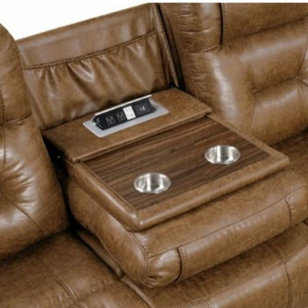 Kius Manual Recliner Sofa | Brown Faux Leather | 82" | USB Chargers