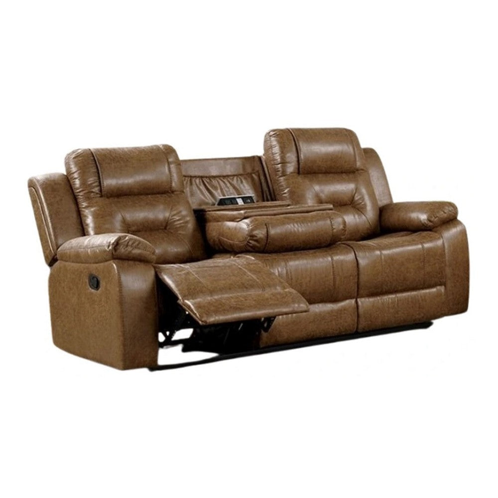 Kius Manual Recliner Sofa | Brown Faux Leather | 82" | USB Chargers