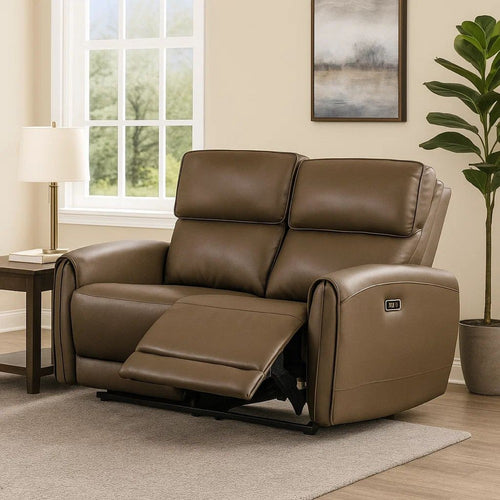 Sily Power Reclining Loveseat | Light Brown Faux Leather | 57" | USB