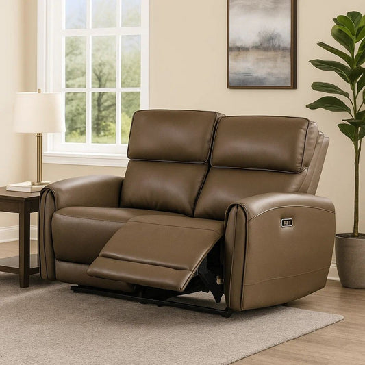 Sily Power Reclining Loveseat | Light Brown Faux Leather | 57" | USB