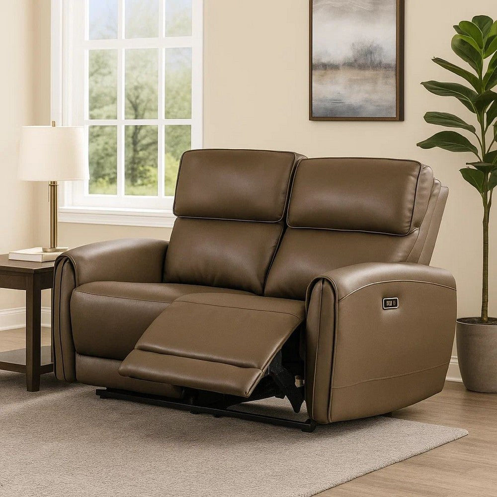Sily Power Reclining Loveseat | Light Brown Faux Leather | 57" | USB