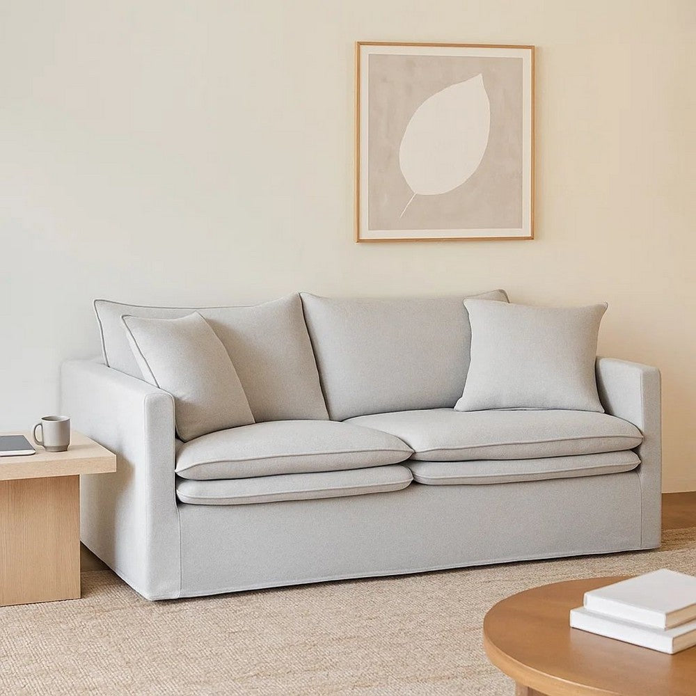 Rutu Sofa | 2 Accent Pillows | Light Gray Padded Linen | 84"
