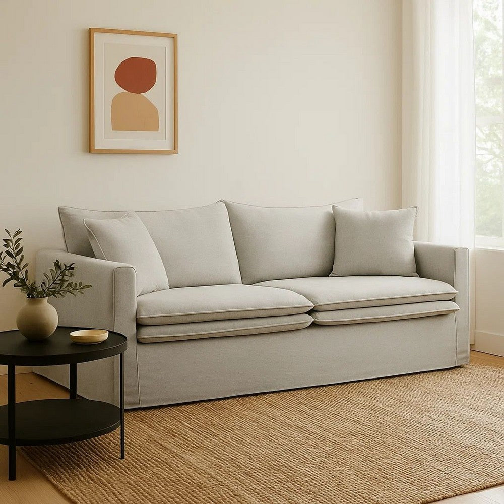 Rutu Sofa | 2 Accent Pillows | Light Gray Padded Linen | 84"