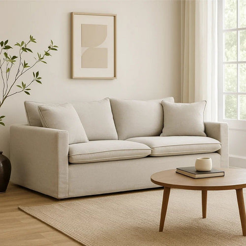 Rutu Sofa | 2 Accent Pillows | Light Gray Padded Linen | 84"