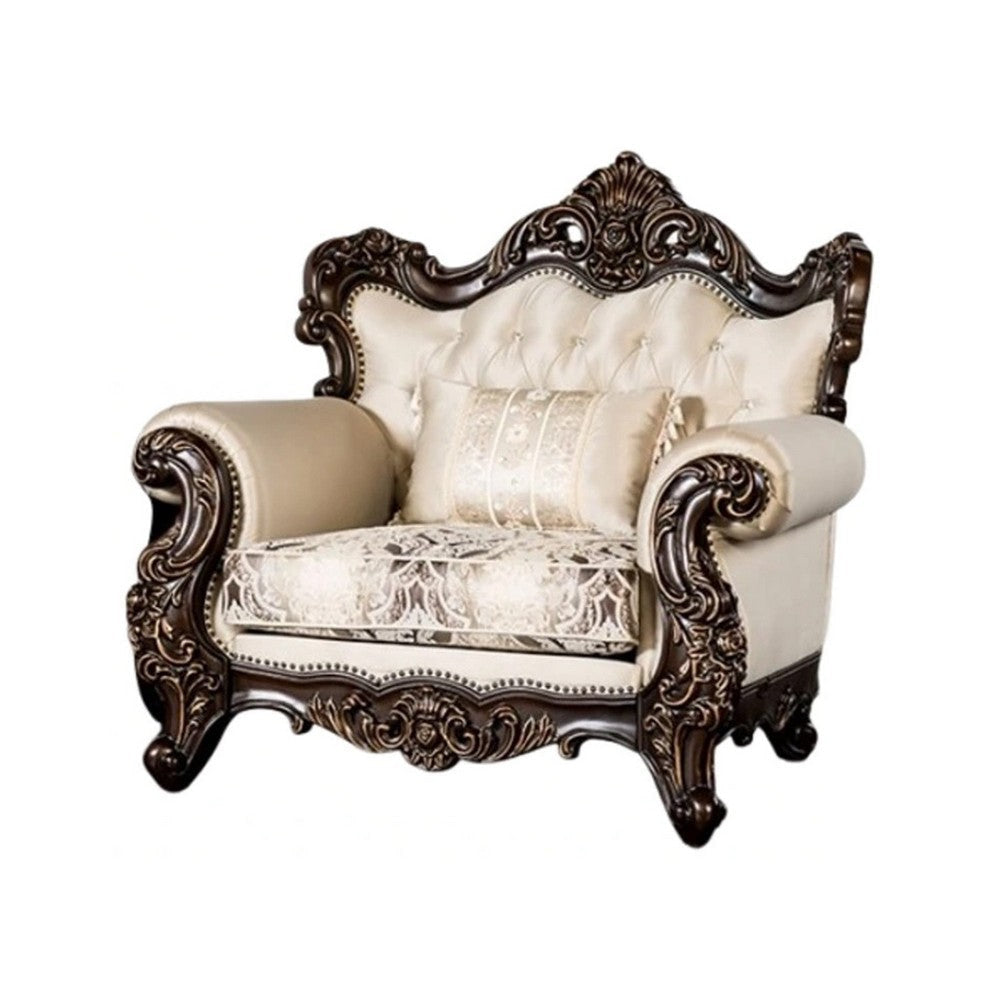 Puhi Accent Armchair w Lumbar Pillow | Beige Fabric | Ornate Carved Wood BM340278