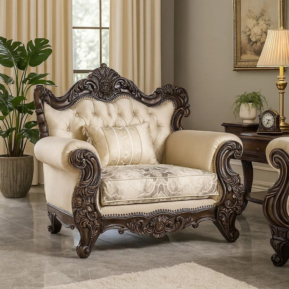 Puhi Accent Armchair w Lumbar Pillow | Beige Fabric | Ornate Carved Wood