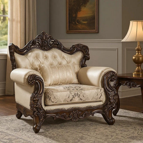 Puhi Accent Armchair w Lumbar Pillow | Beige Fabric | Ornate Carved Wood