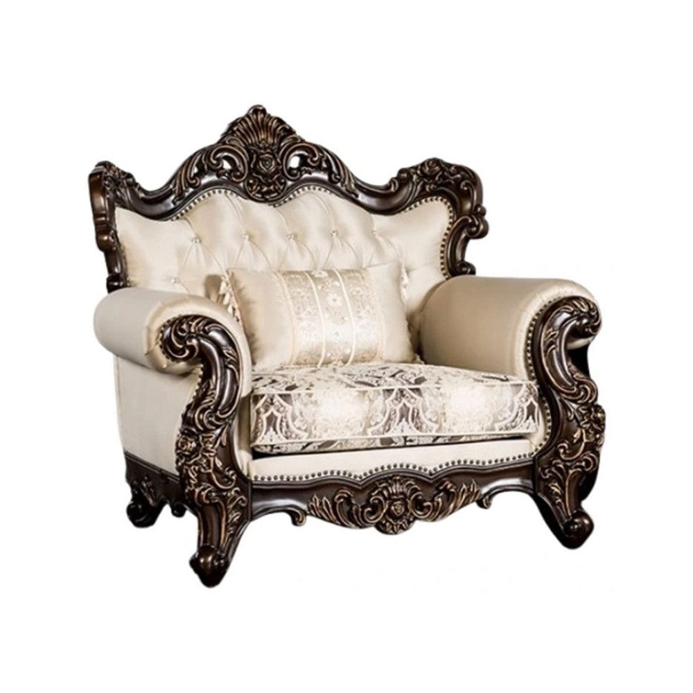 Puhi Accent Armchair w Lumbar Pillow | Beige Fabric | Ornate Carved Wood