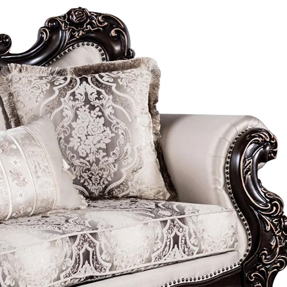 Puhi Loveseat w Accent Pillows | Beige Fabric | Ornate Carved Wood | 70’’ BM340279