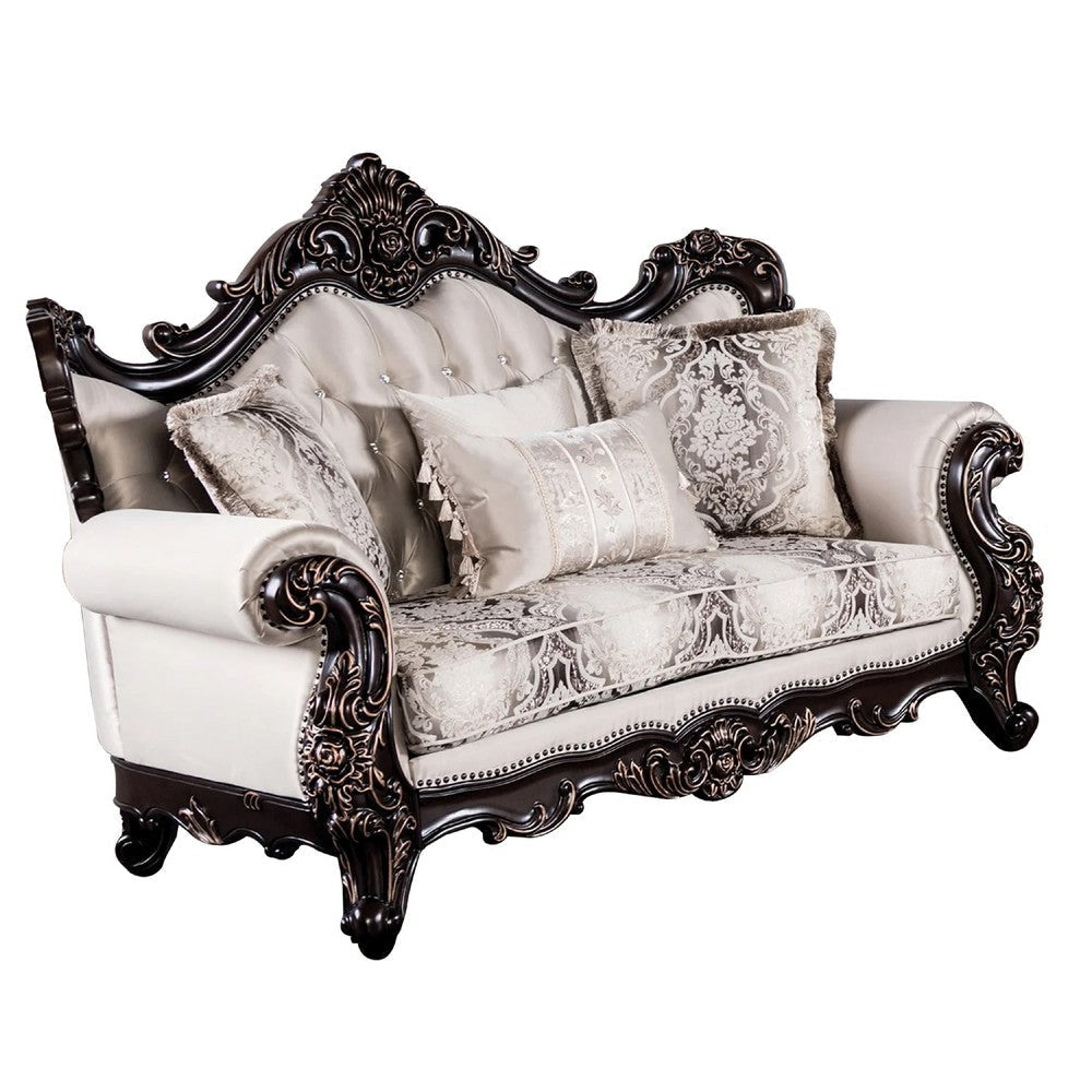 Puhi Loveseat w Accent Pillows | Beige Fabric | Ornate Carved Wood | 70"
