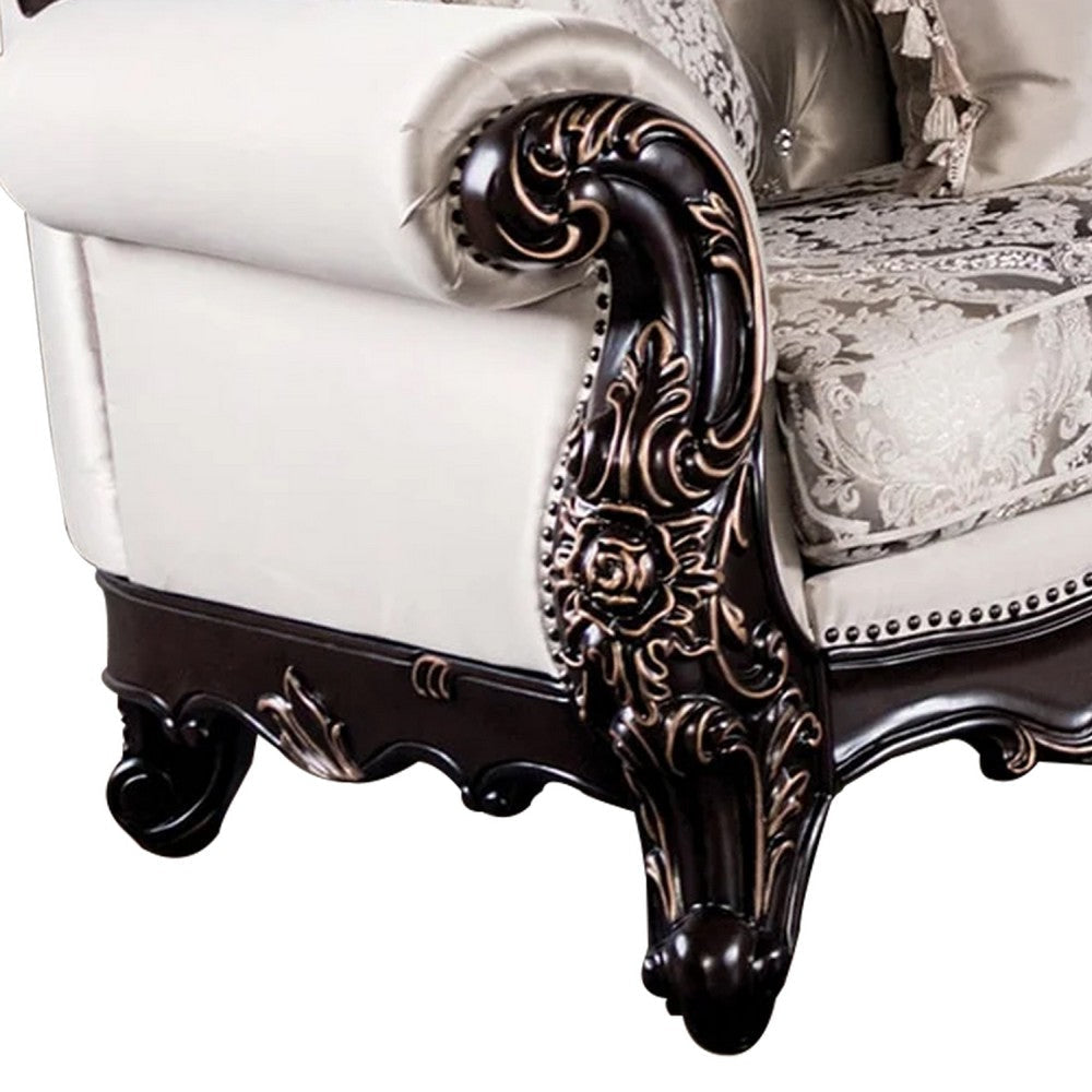 Puhi Loveseat w Accent Pillows | Beige Fabric | Ornate Carved Wood | 70’’ BM340279