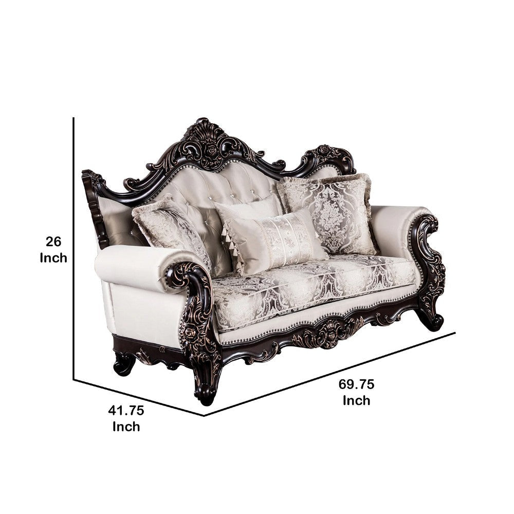 Puhi Loveseat w Accent Pillows | Beige Fabric | Ornate Carved Wood | 70’’ BM340279
