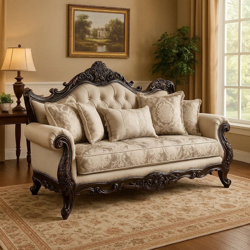 Puhi Loveseat w Accent Pillows | Beige Fabric | Ornate Carved Wood | 70"
