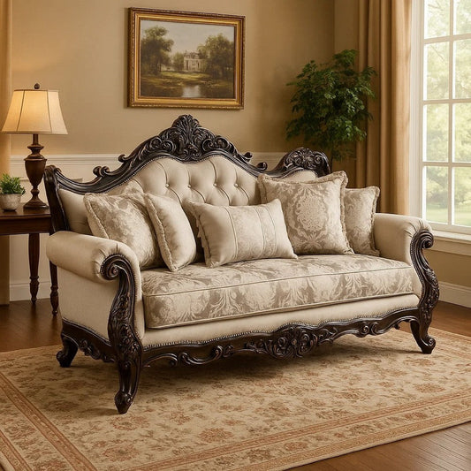 Puhi Loveseat w Accent Pillows | Beige Fabric | Ornate Carved Wood | 70"