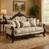 Puhi Loveseat w Accent Pillows | Beige Fabric | Ornate Carved Wood | 70"