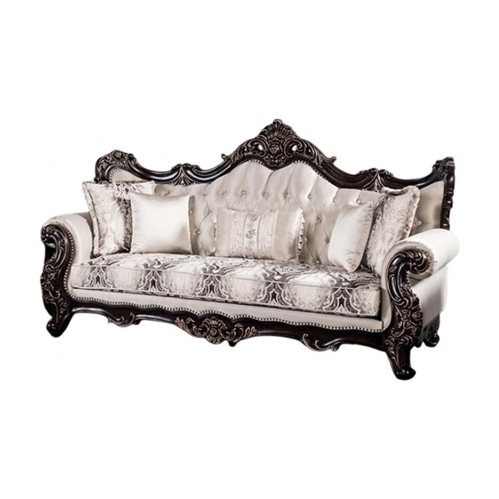 Puhi Sofa w Accent Pillows | Beige Fabric | Ornate Carved Wood| 95’’ BM340280