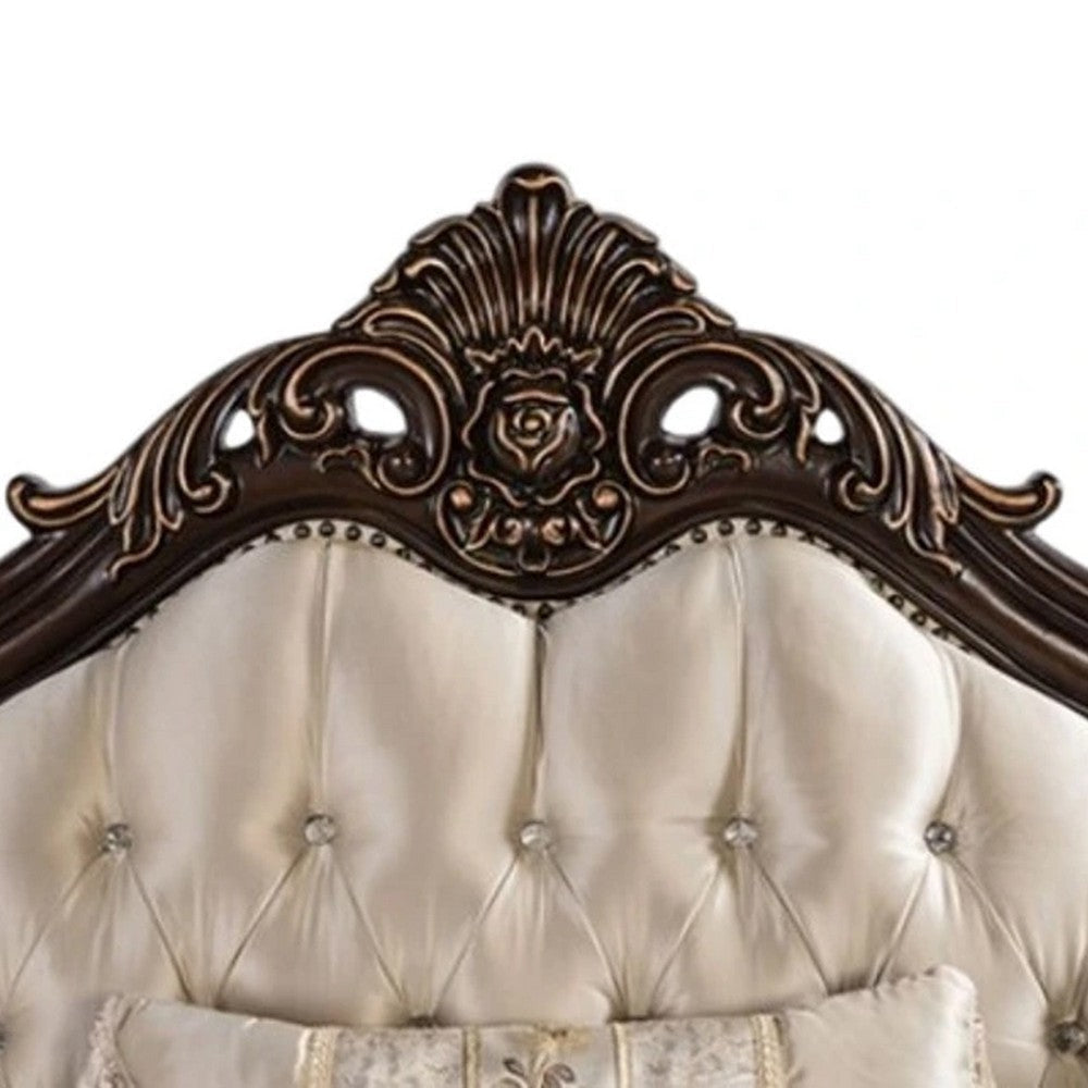 Puhi Sofa w Accent Pillows | Beige Fabric | Ornate Carved Wood| 95’’ BM340280