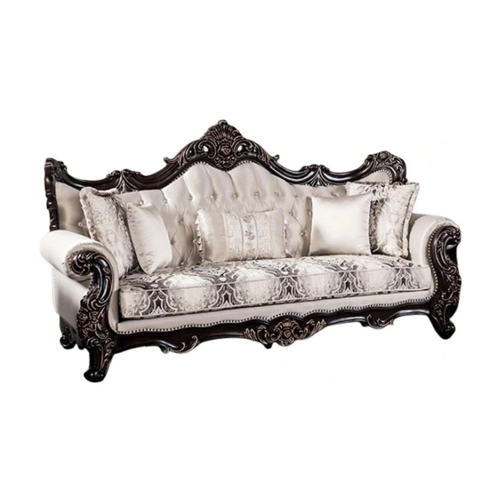 Puhi Sofa w Accent Pillows | Beige Fabric | Ornate Carved Wood| 95"