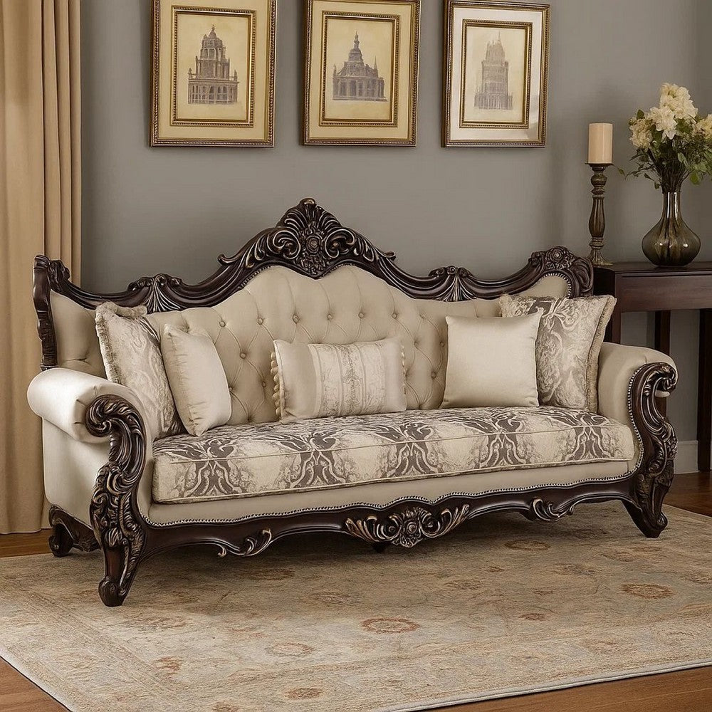 Puhi Sofa w Accent Pillows | Beige Fabric | Ornate Carved Wood| 95"