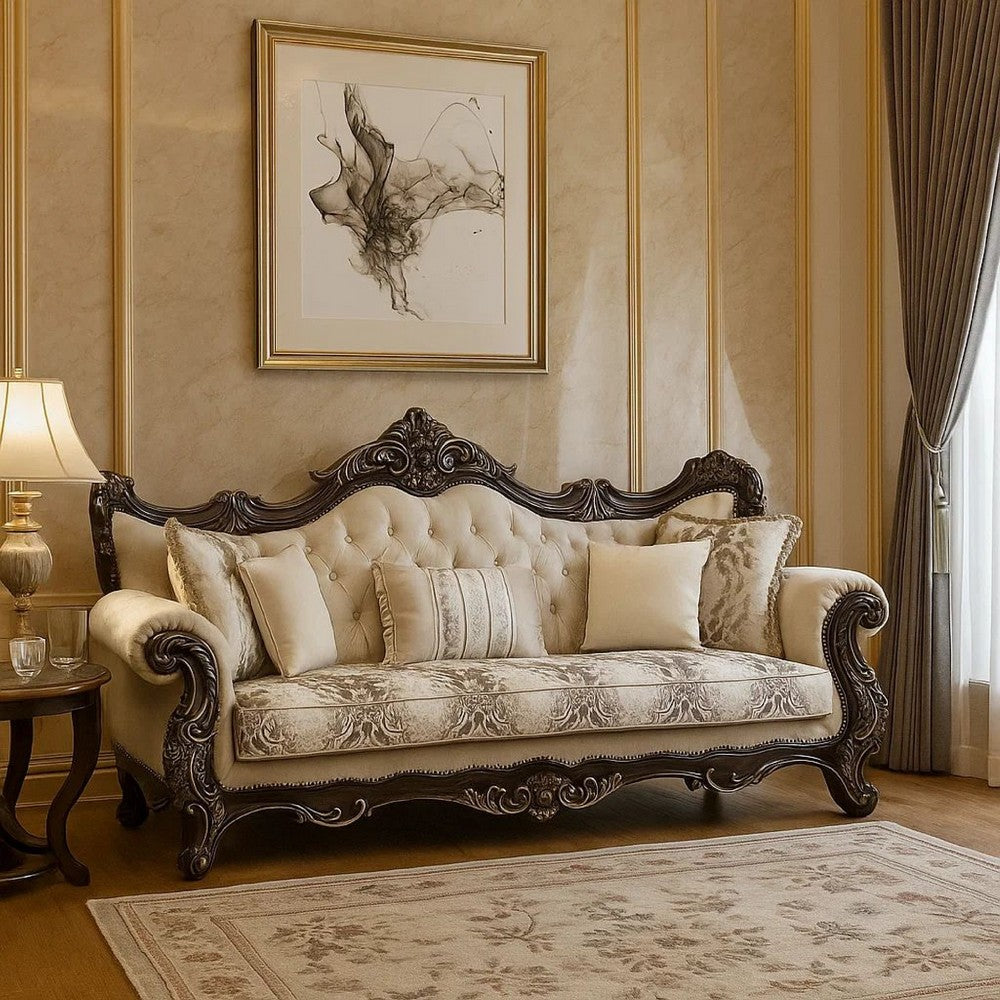 Puhi Sofa w Accent Pillows | Beige Fabric | Ornate Carved Wood| 95"