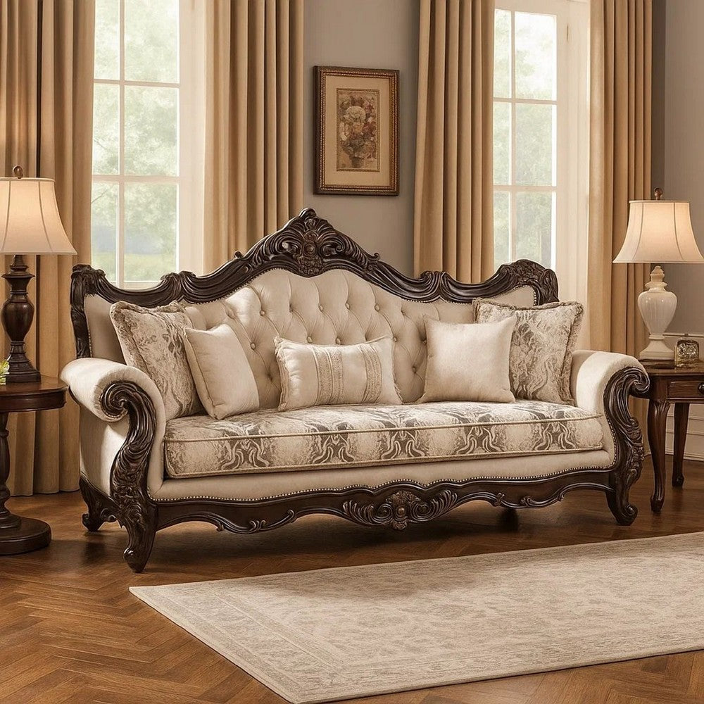 Puhi Sofa w Accent Pillows | Beige Fabric | Ornate Carved Wood| 95"
