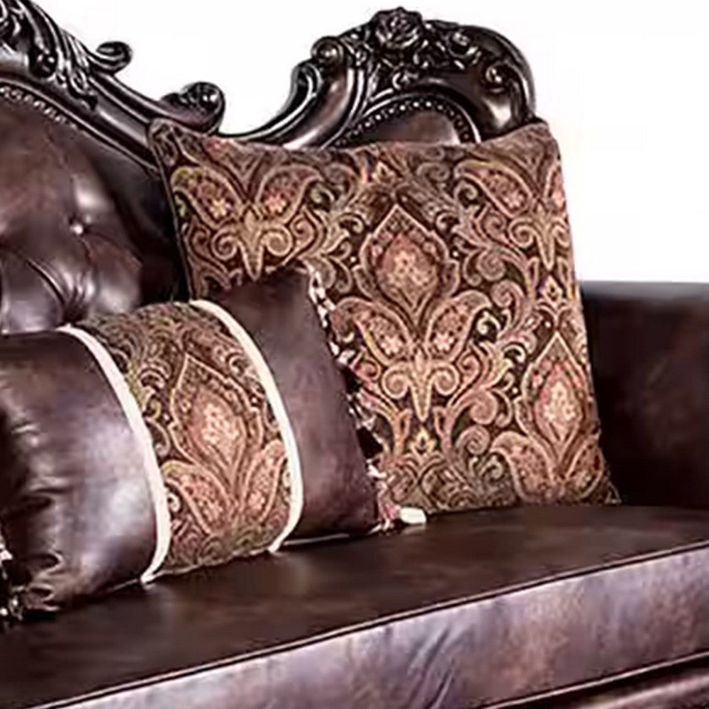 Puhi Loveseat w Accent Pillows | Brown Faux Leather | Ornate Carved 70’’ BM340281