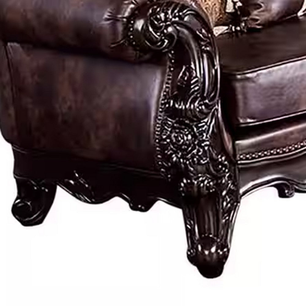 Puhi Loveseat w Accent Pillows | Brown Faux Leather | Ornate Carved 70’’ BM340281