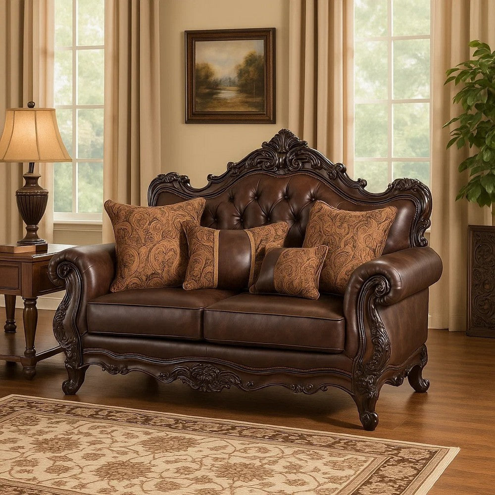 Puhi Loveseat w Accent Pillows | Brown Faux Leather | Ornate Carved 70’’ BM340281