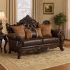 Puhi Loveseat w Accent Pillows | Brown Faux Leather | Ornate Carved 70"