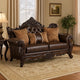 Puhi Loveseat w Accent Pillows | Brown Faux Leather | Ornate Carved 70"