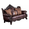 Puhi Loveseat w Accent Pillows | Brown Faux Leather | Ornate Carved 70"