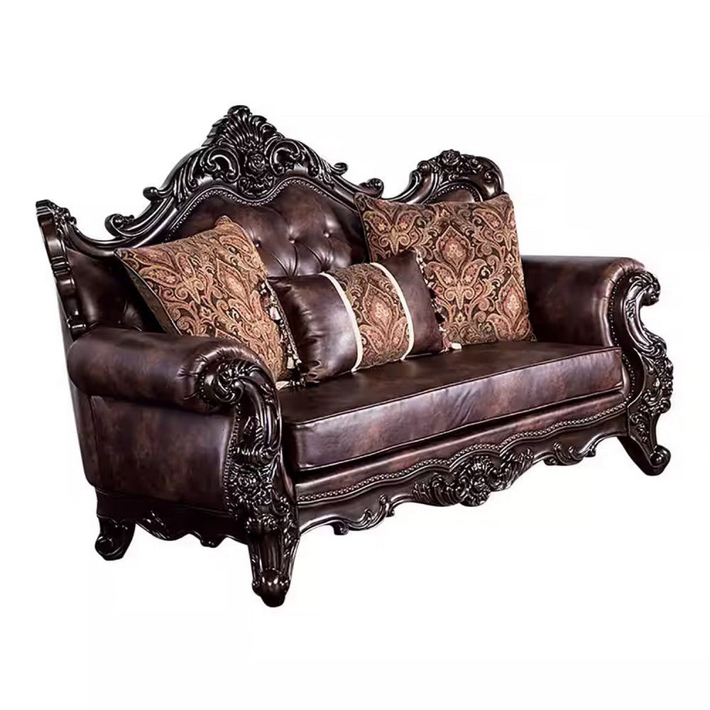 Puhi Loveseat w Accent Pillows | Brown Faux Leather | Ornate Carved 70"
